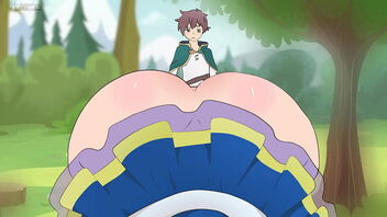 Kazuma’s wife Aqua wears a micro-skirt that is too brief and tempt him in this cartoon style porn.