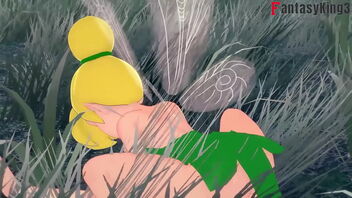 Tinker Bell and other fairies in a cosplay threesome scene in a full-length animated porn movie.