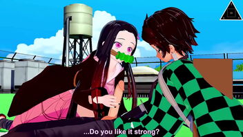 Sumptuous anime babe Nezuko gets a gigantic stiffy in her mouth and gets it hard as a rock.