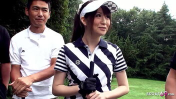 Young Japanese girl tempted by her instructor and other men to perform a blowbang during a golf lesson