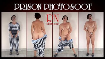 A prisoner in a prison, a woman who has been imprisoned, she is forced to unclothe for the camera. Cosplay. Total video