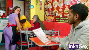 A mature white waitress has intercourse with a black man as a peak for not paying for her food.